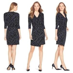 NWOT White House Black Market Wrap Top Dress, Black/Blue/White, Women's XXS